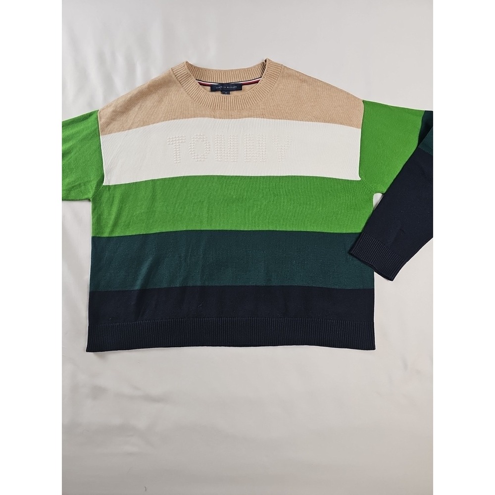 Tommy Hilfiger Colorblock Mock Neck Sweater  Size M Greens‎ Tan Blue
